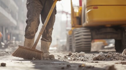 Construction laborer cleaning up debris from a construction site. Featuring responsibility and diligence