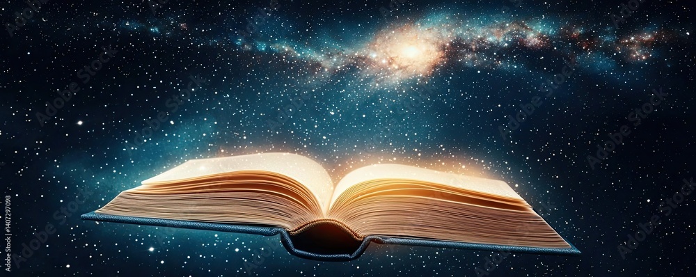 Poster open book under starry sky connecting space and knowledge concept. an open book floating in a cosmic