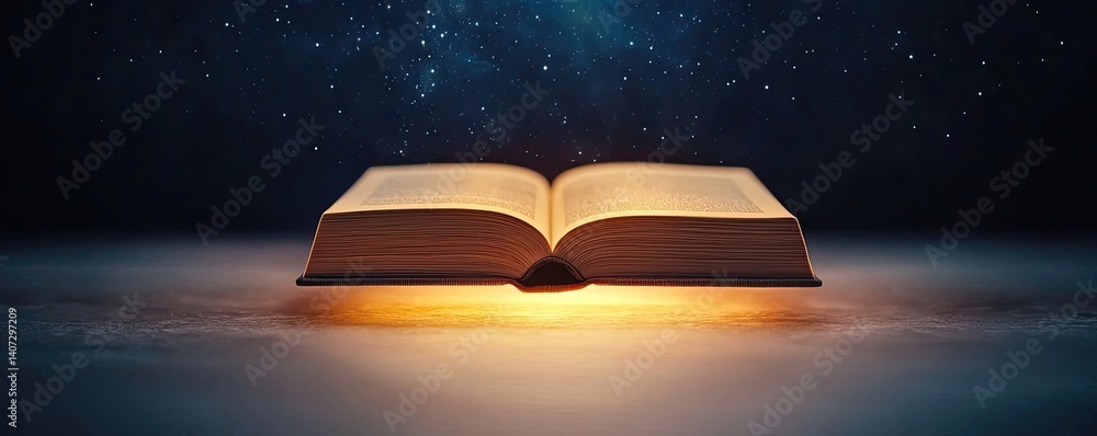Poster open book under starry sky unveiling galaxy of imagination concept. an open book illuminated against