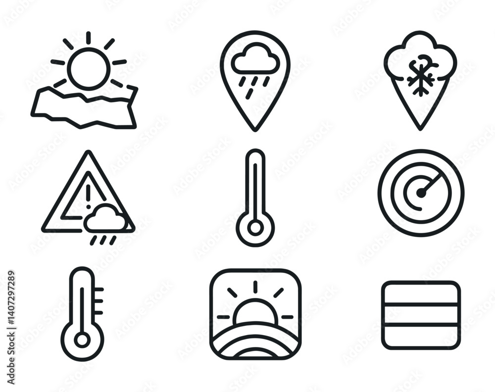 Poster outline vector icons of weather by location: sun over map, rain marker, cloud location, snowflake pi