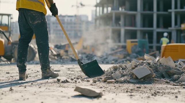 Construction laborer cleaning up debris on a construction site. Featuring efficiency and organization