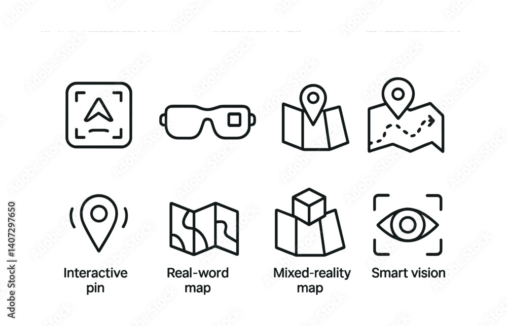 Poster outline vector icons of augmented map features: ar marker, ar glasses, location overlay, digital pat