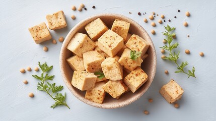 A beautiful bowl of seasoned tofu cubes garnished with fresh herbs, ideal for healthy meal preparation and creative culinary presentations. Perfect for plant-based diets.