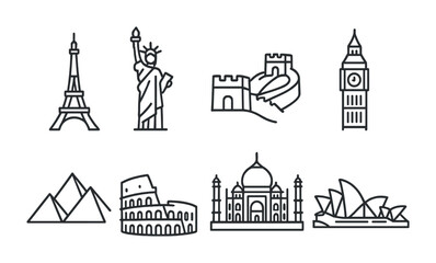 Icon set: famous world landmarks in linear style for travel themes