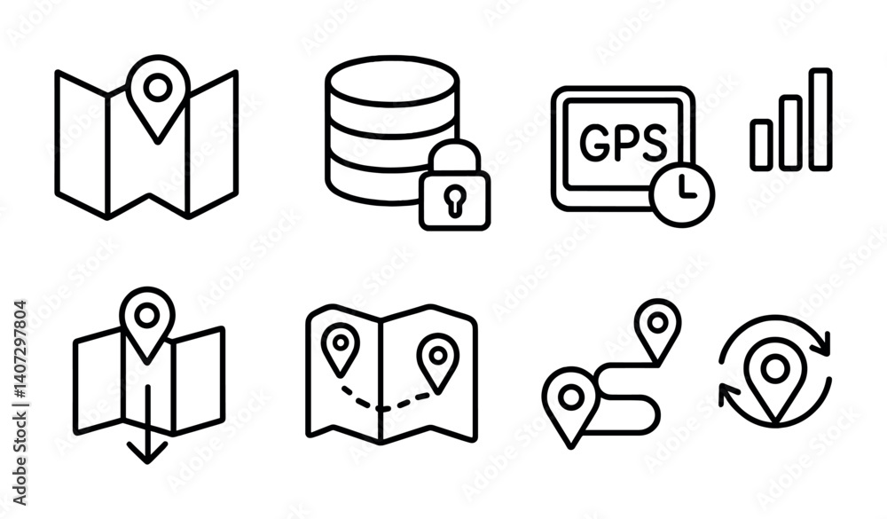 Poster outline vector icons of offline location tools: offline map, local storage, gps cache, no signal ico