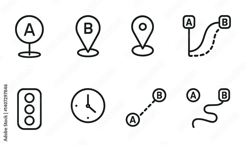Poster outline vector icons of route planning: start point, end point, via point, alternate route, traffic 