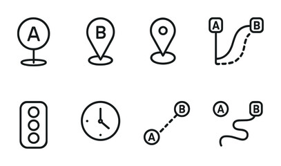 outline vector icons of route planning: start point, end point, via point, alternate route, traffic layer, estimated time, shortest path, optimal route. No text. The icons should be clean. isolated
