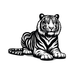 Royal Bengal Tiger sitting vector clipart illustration & drawing in black & white