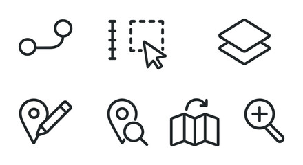 outline vector icons of map interface: search bar, list of places, filter icon, location category, nearby places, map layers, user pin, full screen. No text. The icons should be clean. isolated