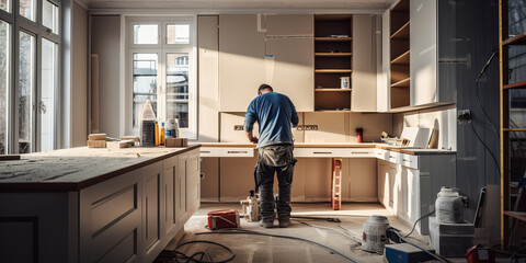 Carpenter installing modern kitchen furniture...
