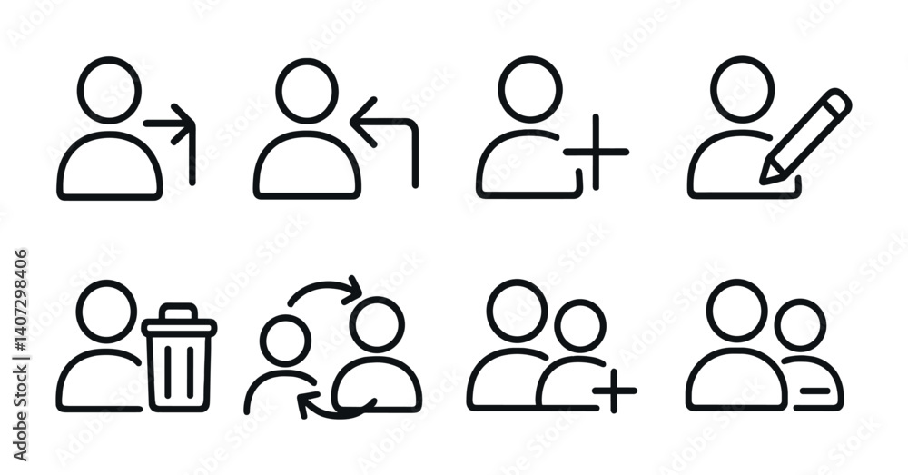 Poster outline vector icons of user interactions: comment thread, like animation, reaction bar, repost icon
