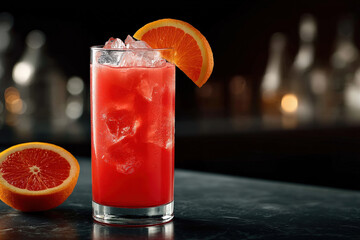 Red Cocktail With Orange Garnish on Dark Background