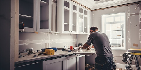 Carpenter installing modern kitchen furniture...