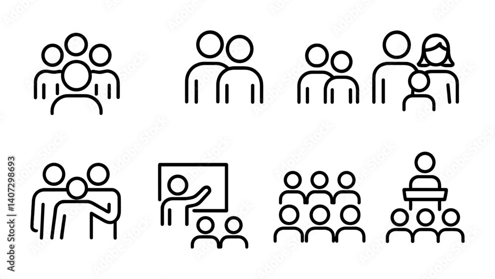 Poster outline vector icons of notification preferences: badge icon, vibration toggle, sound toggle, led co