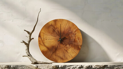 Minimalist photo of an hourclock with natural materials, reflecting on the concept of time and sustainability