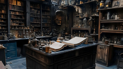 Dark, antique wizarding study with open book