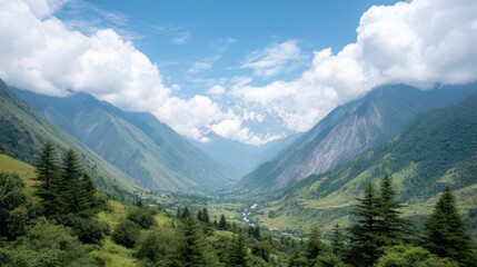 Fototapeta premium A breathtaking view of mountains framed by lush valleys and vibrant greenery, under a bright blue sky adorned with fluffy white clouds. Perfect for nature lovers and explorers.