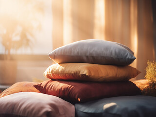 Meditation cushions placed softly silk fabrics flowing zen space morning light gently touching