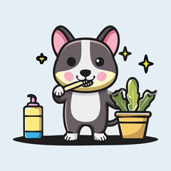 Cute Cartoon Dog Brushing Teeth in the Morning, Bathroom Scene, Cheerful Style