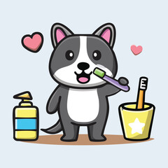 Cute Cartoon Dog Brushing Teeth in the Morning, Bathroom Scene, Cheerful Style