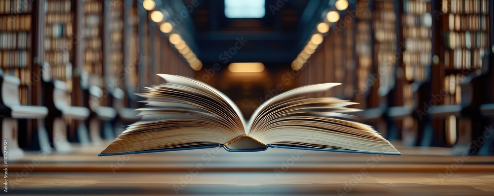 Poster books floating in the air within a flying and cognition concept. an open book in a quiet library, in
