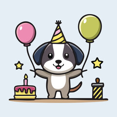 Naklejka premium Birthday Puppy with Balloons and Cake, Party Hat on Head, Festive Background