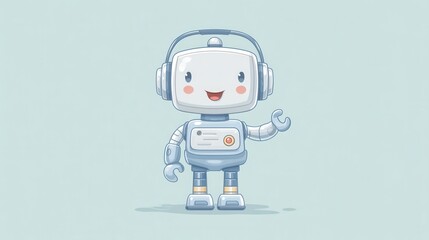 Fototapeta premium A cheerful cartoon robot character wearing headphones, designed with a friendly expression and playful features, perfect for themes related to technology, innovation, and creativit