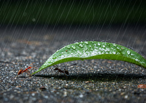 Ant under green leaf with water drops