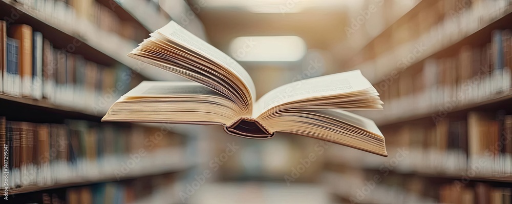 Poster books floating in the air within a flying and cognition concept. an open book floating in a library 