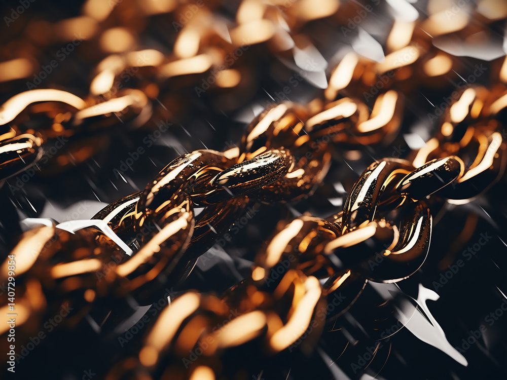 Poster metal chains flowing with kinetic movements creating gravity patterns and light reflecting