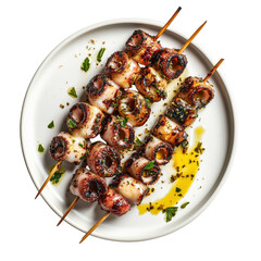Grilled souvlaki skewers with pita bread, tzatziki, onions and fresh herbs. A traditional Greek meal full of flavor.