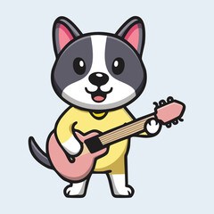 Adorable Dog Playing Guitar and Singing, Cartoon Band Setup, Music Vibes