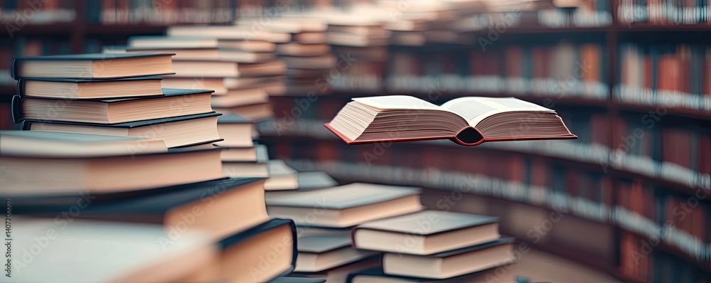 Poster books floating in the air within a flying and cognition concept. an open book hovering above stacks 