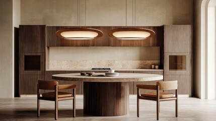 Modern kitchen island lighting, minimalist design, stone countertop, wooden cabinets