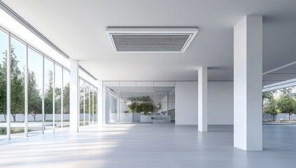 Modern Minimalist Office Space: Sunlight Streaming Through Floor-to-Ceiling Windows