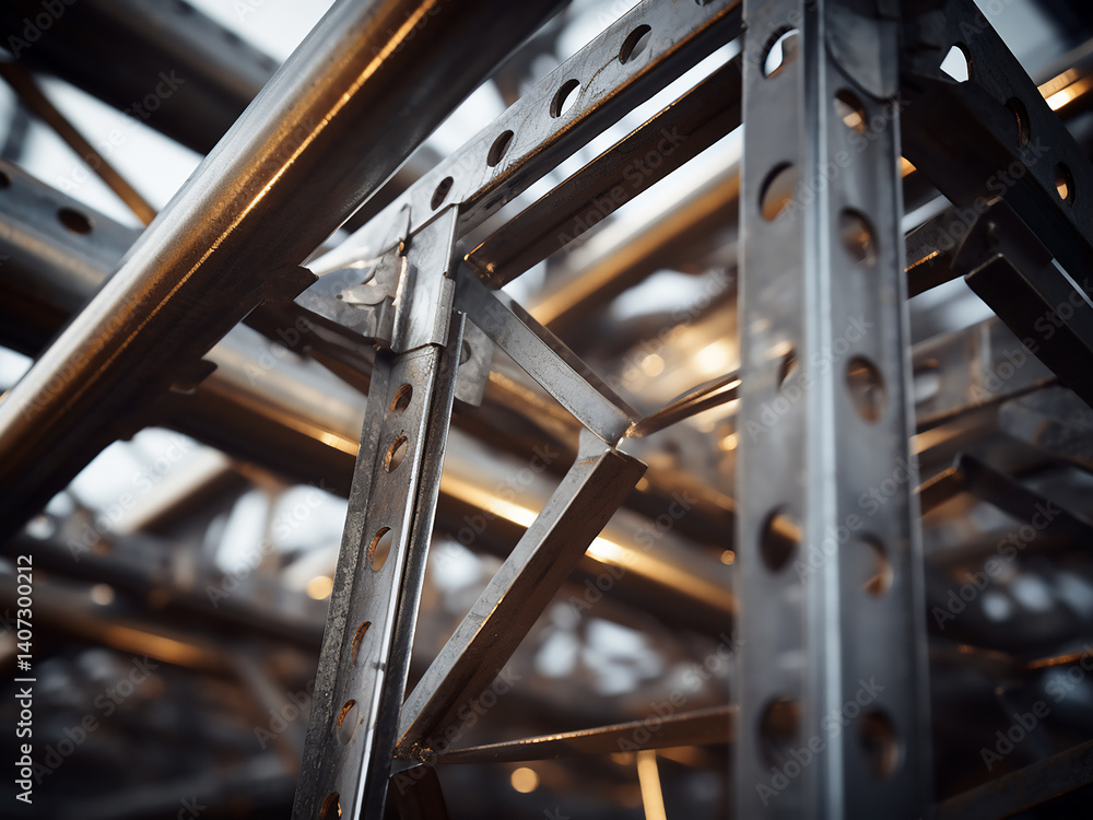 Poster metal framework joints exposed welding showing robust structure emphasizing clear strength