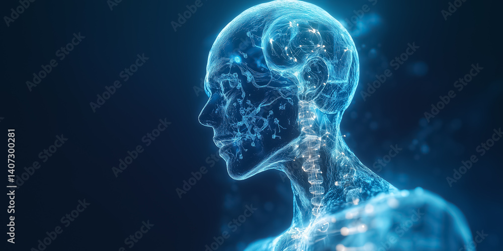 Poster glowing blue digital human figure in profile showcasing intricate neural connections and brain activ