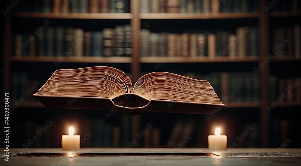Poster Books floating in the air on cognition and bookshelves concept. A floating book illuminated by candles in a library setting.