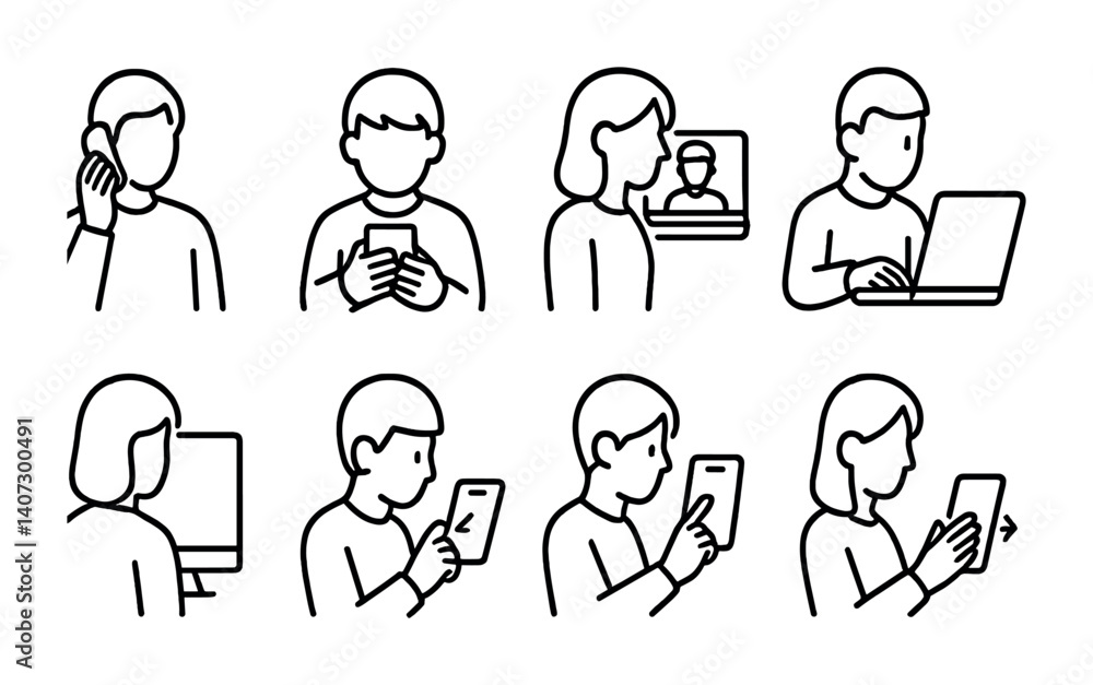 Aufkleber outline vector icons of people using devices: phone call, texting, video chat, typing on computer, w