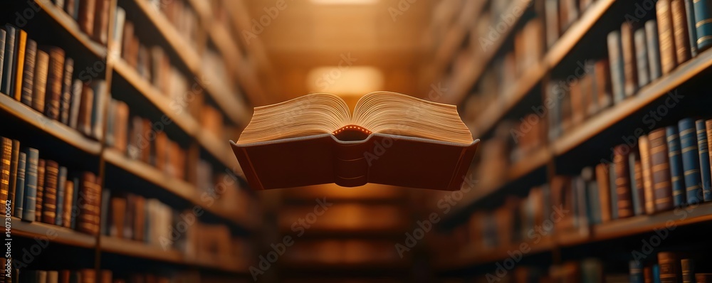 Poster books floating in the air inside a reading and bookshelves concept. an open book floating in a libra