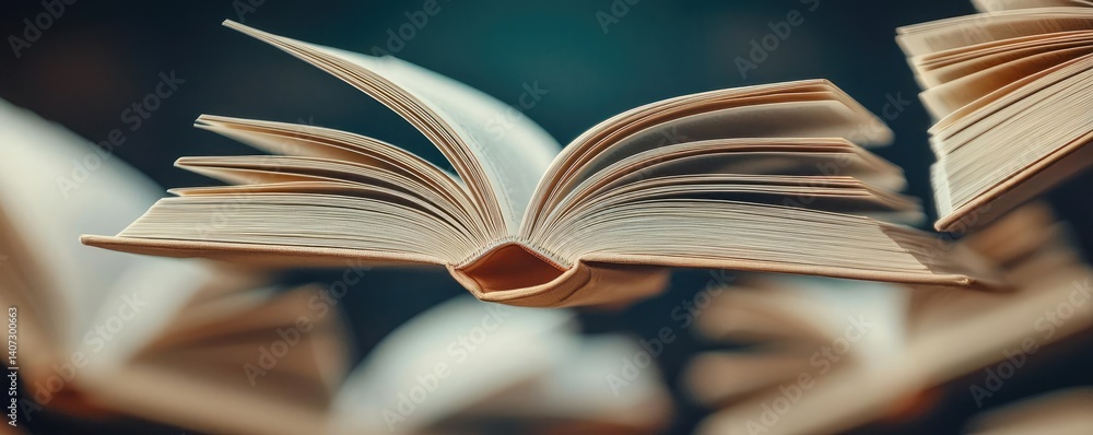 Poster books floating in the air within a flying and cognition concept. a collection of open books floating