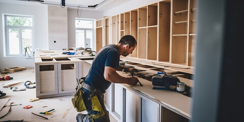 Carpenter installing modern kitchen furniture...