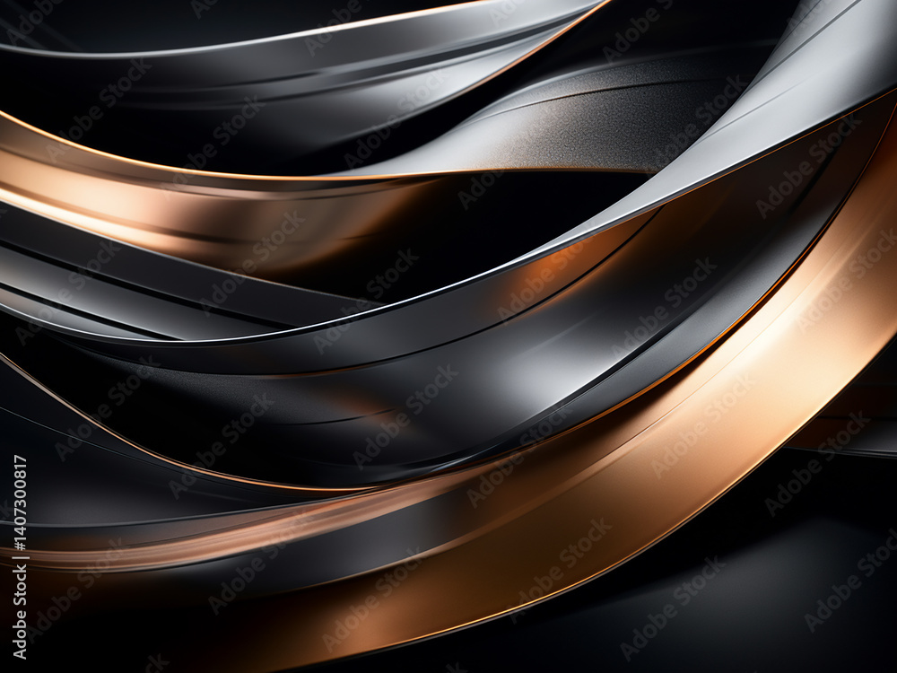 Poster metal ribbons twisting through geometric patterns forming negative space with flowing spotlights