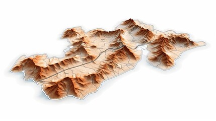 Aerial topographic map of mountainous region with road network and river valleys on a white background