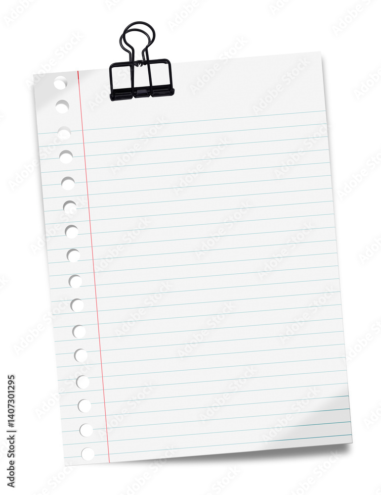 Poster paper clip isolated. white grid notepaper journal sticker. real notepad with grid line isolated.