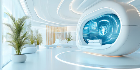 Futuristic interior features sleek seating with interactive digital display. Bright white space enhances modern aesthetics. Concept of technology, architecture, design innovation