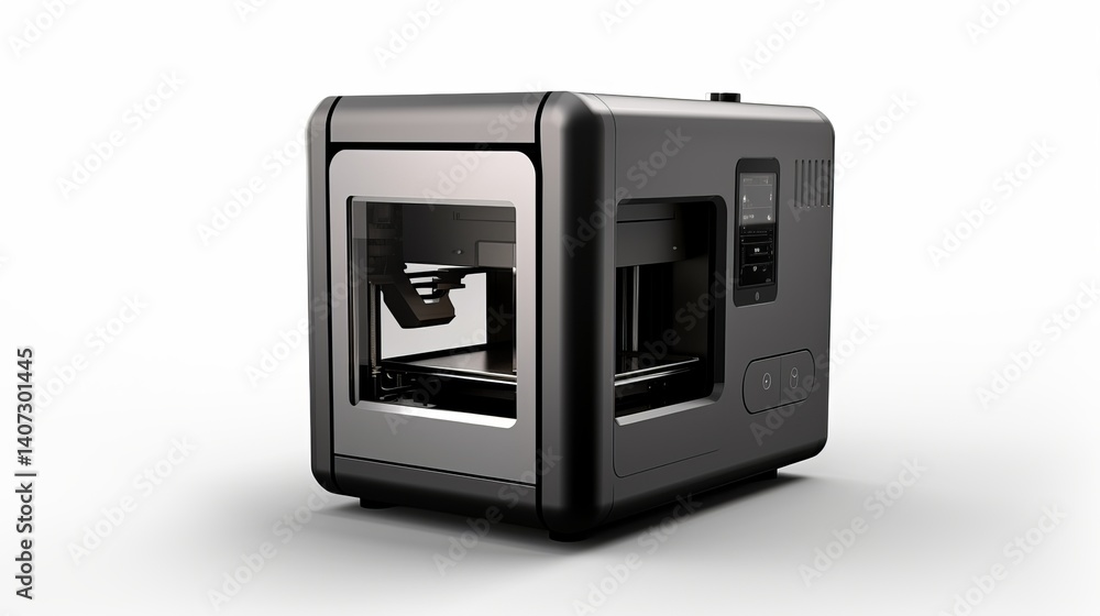 Poster a close up shot of a dark gray d printer with a partially printed object inside on a white backgroun