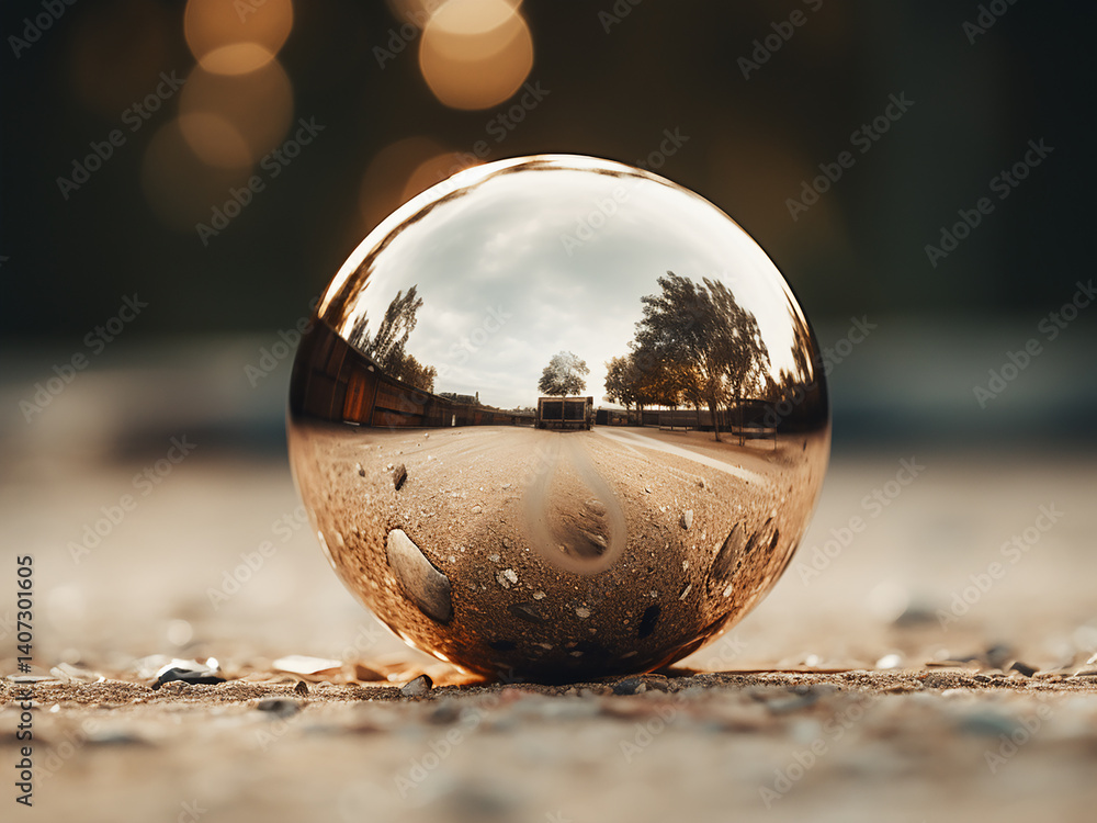 Poster metallic sphere wrapping perfect environment with light bouncing and precise world bending