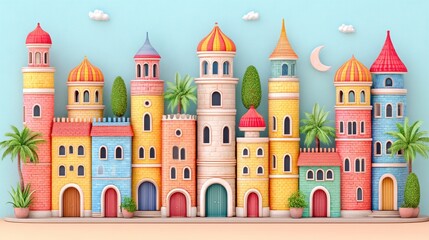 Fototapeta premium Whimsical Cityscape Colorful Towers and Palm Trees Under a Crescent Moon