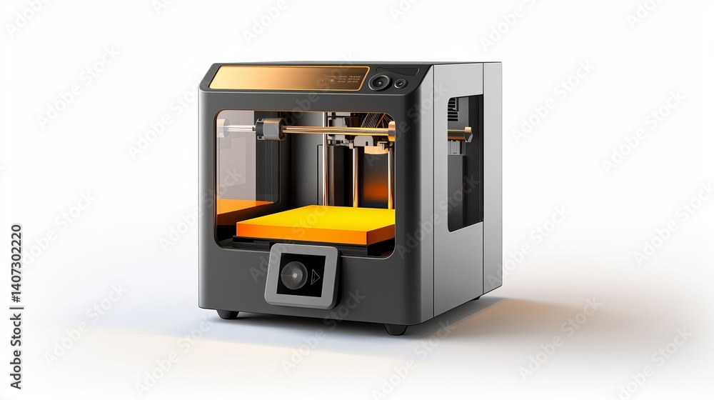 Poster a gray and gold d printer with a yellow platform inside on a white background in a studio setting vi